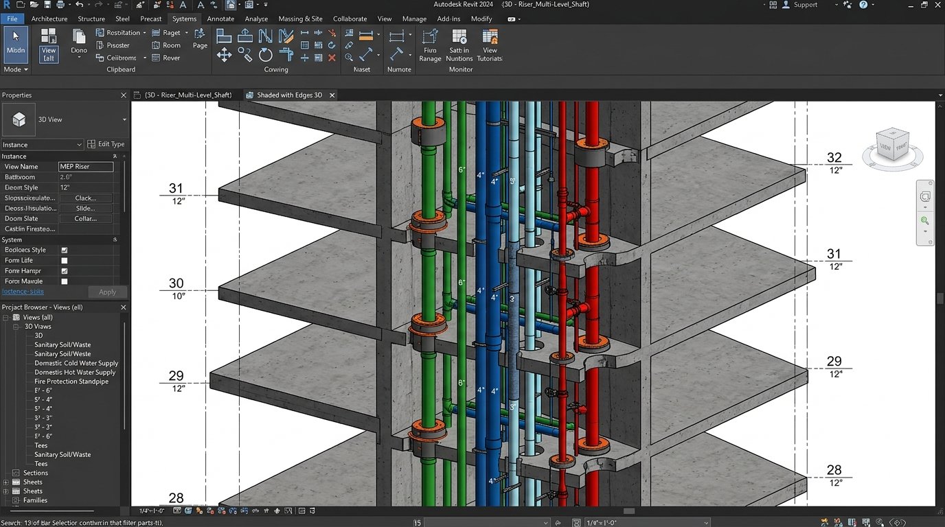 Rixos Al Alamein Hotel — Autodesk Revit 3D Guestroom MEP Riser Viewport