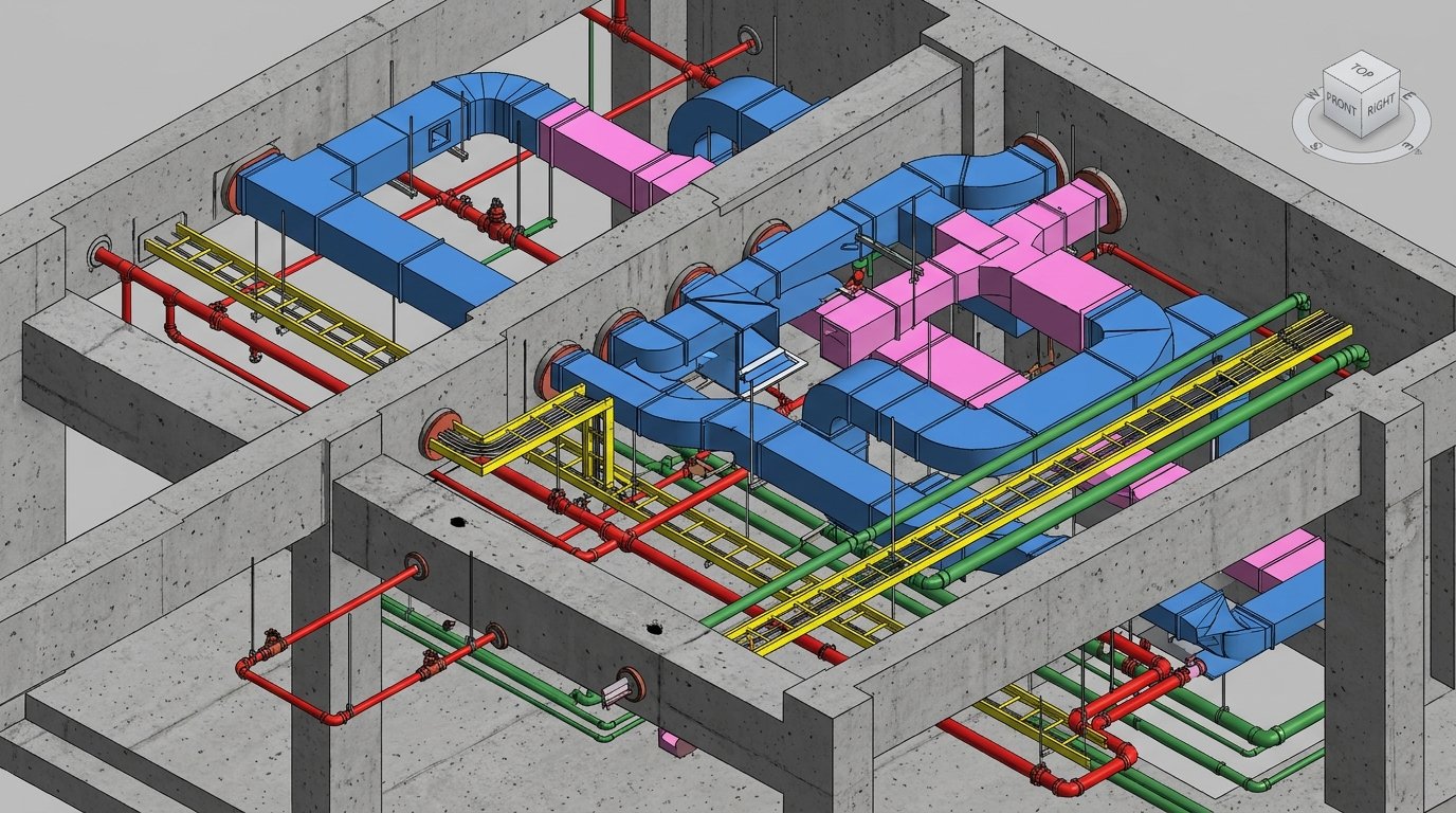 Autodesk Revit 3D viewport showing coordinated multi-discipline MEP and structural model in Consistent Colors mode