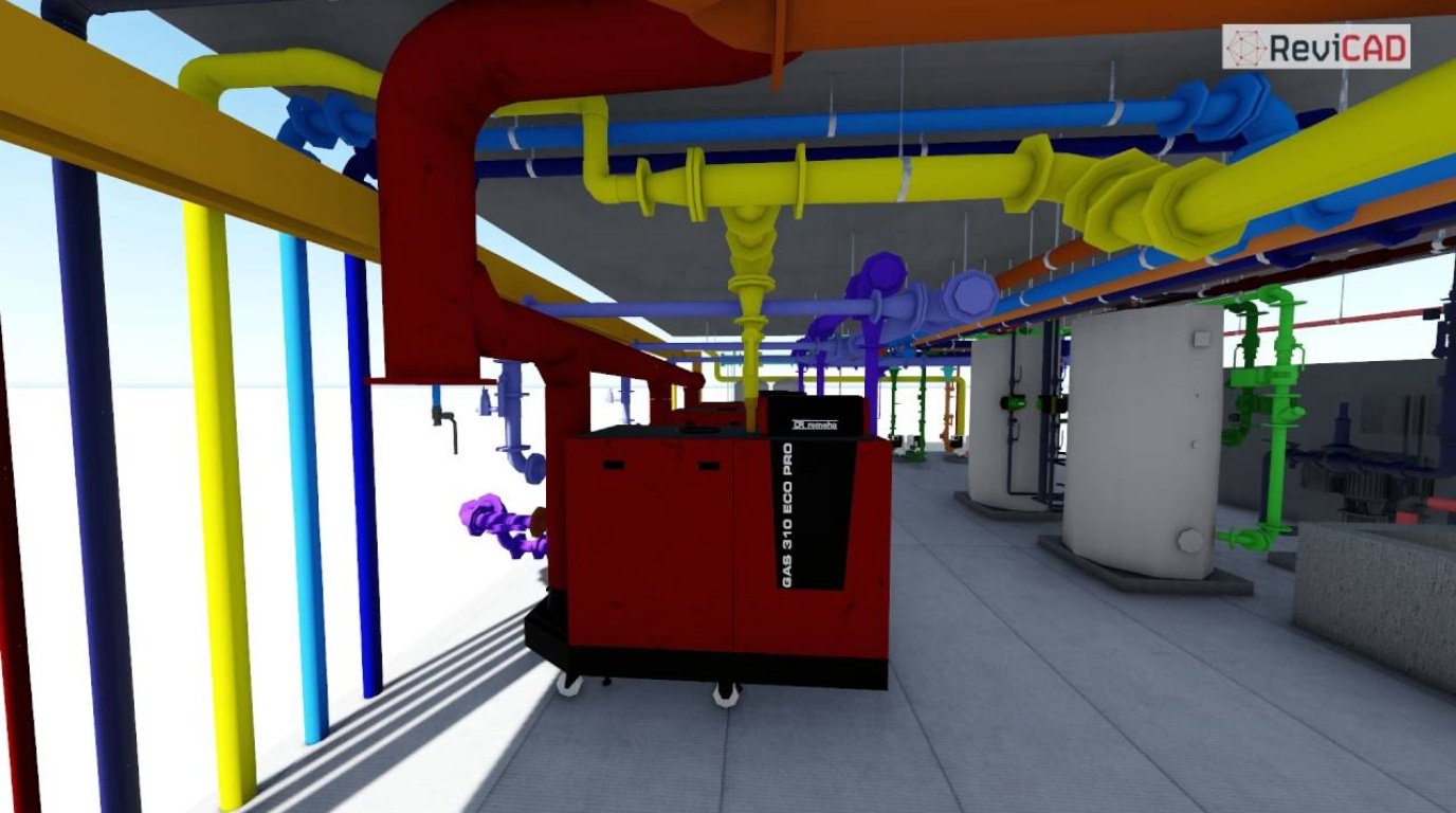 Autodesk Revit 3D viewport showing dense mechanical plantroom equipment coordination